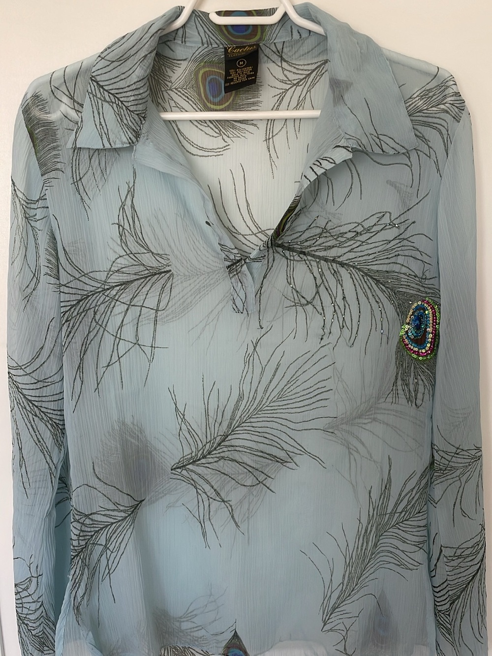 Cactus Sheer Feather-Print Blouse in Light Blue with Beaded Accent